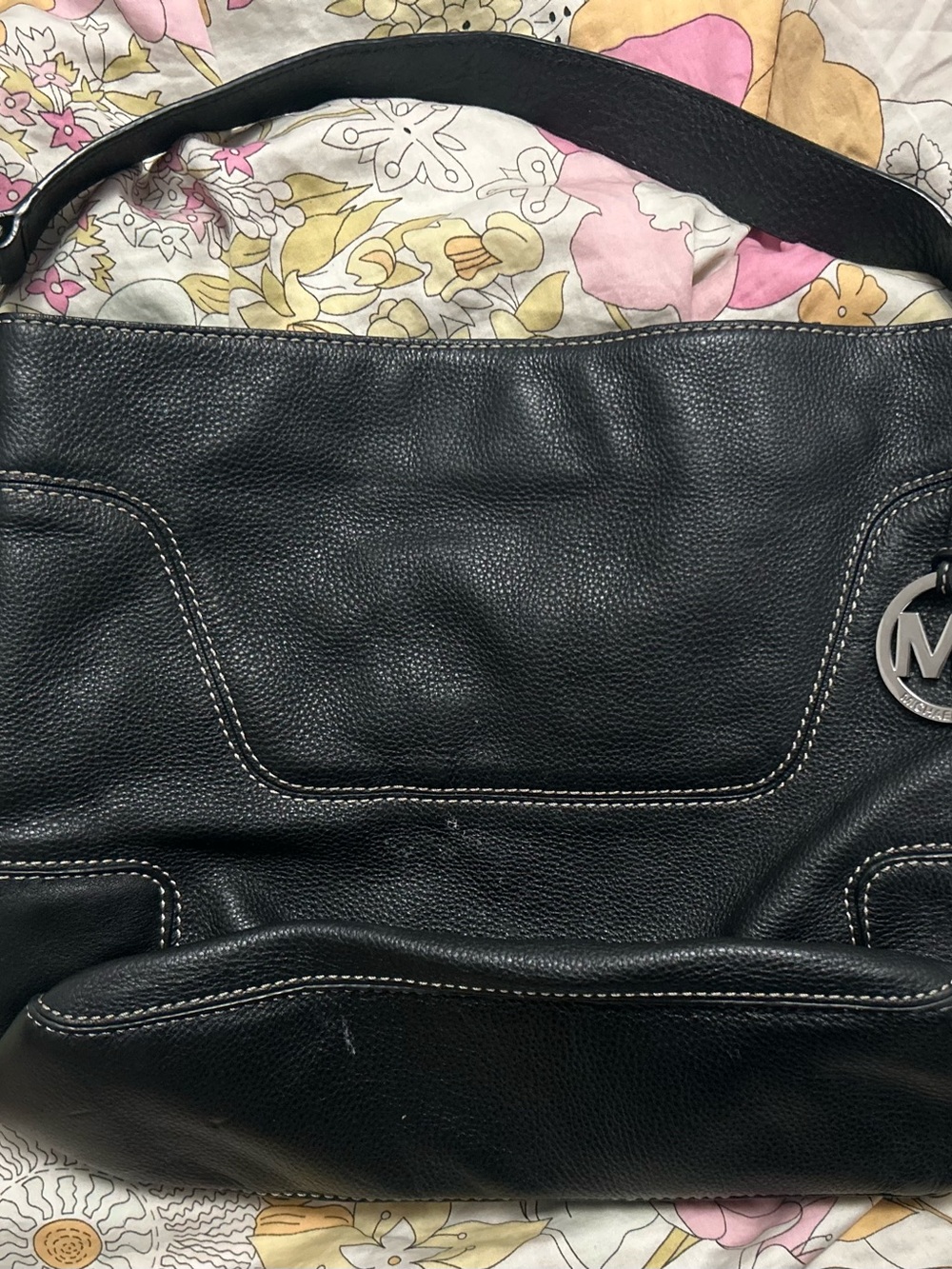 Michael Kors Black Pebbled Leather Shoulder Tote with Logo Charm